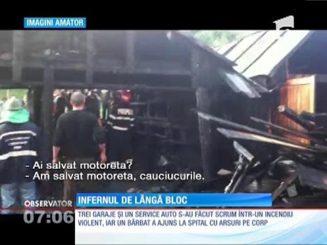 3 garaje şi un service auto s-au făcut scrum într-un incendiu violent