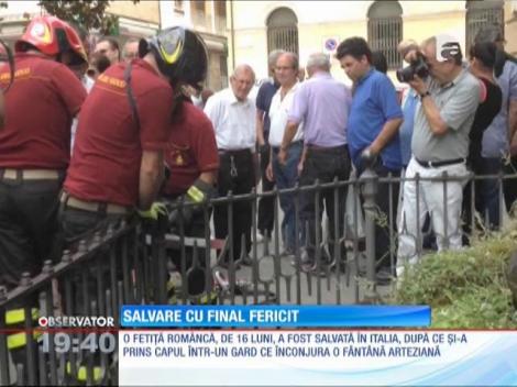 Salvată după ce și-a prins capul între barele de metal ale unui gard