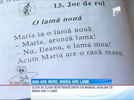 Într-un manual de clasa întâi,  propoziția ”Ana are mere”, înlocuită cu ”Maria ia o lamă nouă!”