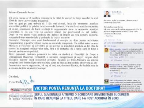 Premierul Victor Ponta renunţă la titlul de doctor