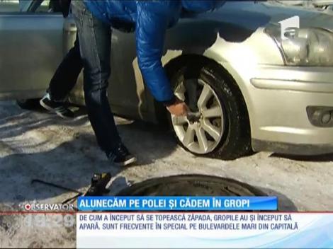 Iarna în România! Gropi pe stradă, patinoar pe trotuare