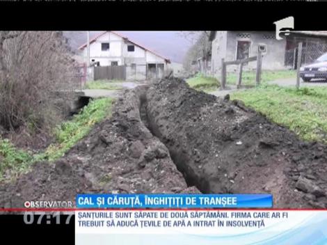 Gropile săpate pentru conductele de apă de pe o stradă din Dej au început să facă victime. O căruţă a căzut în şanţ
