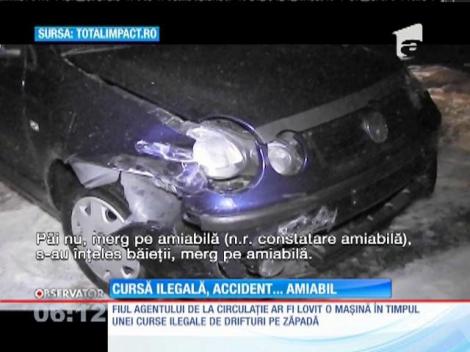 Un accident provocat, se pare în timpul unei curse de drifturi, de fiul unui poliţist de la rutieră s-a încheiat cu o constatare amiabilă