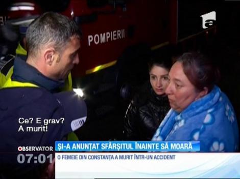 O femeie şi-a prevestit moartea şi s-a stins într-un accident de maşină. Iubitul ei, despre care cunoscuţii spun că era alcoolic, a izbit autoturismul în care se aflau trei oameni de un copac