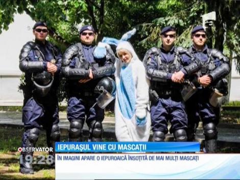 Iepurașul, celebra mascotă pascală, umblă prin oraş, însoţit de mascaţi