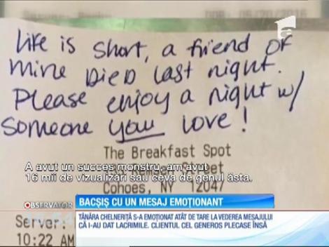 O chelneriţă din New York a primit un bacşiş generos, însoţit de un mesaj emoţionant