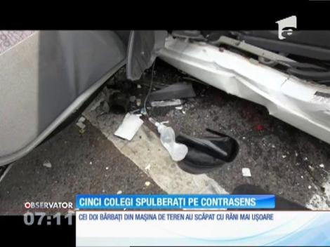 Cinci colegi care se întorceau de la muncă au fost opriţi violent, pe un drum din Brăila. Maşina în care se aflau a ajuns pe contrasens, după ce un cauciuc a explodat