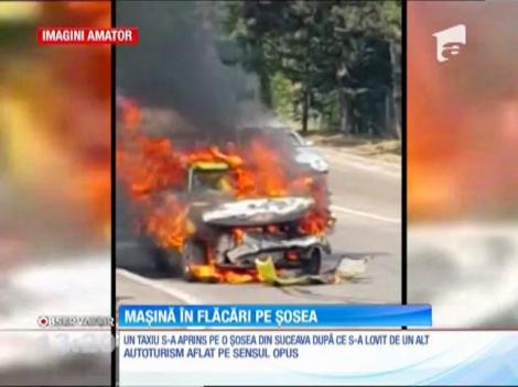 Un taximetru a luat foc după ce s-a lovit de un alt autoturism, pe o şosea din Suceava