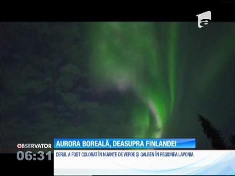 Aurora boareală, deasupra Finlandei. Cerul a fost colorat în nuanţe de verde şi galben
