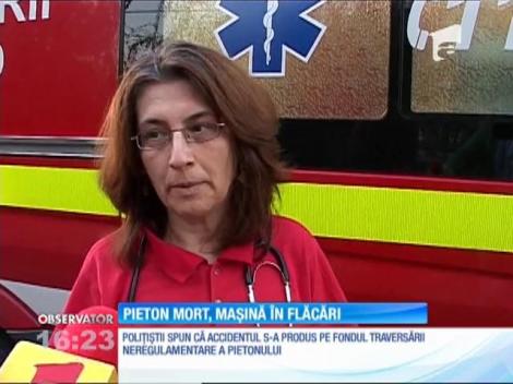 Accident mortal la ieşirea din Piteşti. Un autoturism a luat foc imediat după ce a lovit un pieton