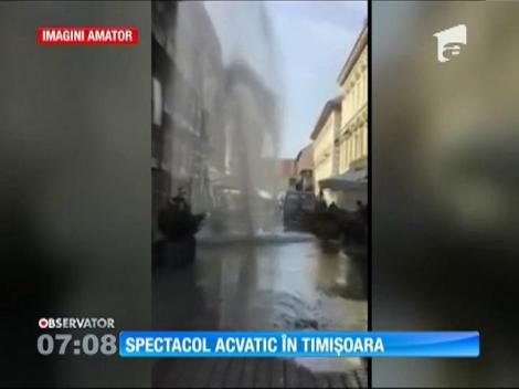Spectacol acvatic în Timişoara, după ce un hidrant a fost lovit de o maşină