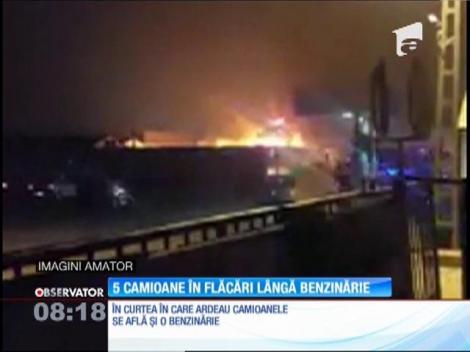 Incendiu puternic şi pericol de explozie, în Bacău! Cinci camioane au luat foc lângă o benzinărie