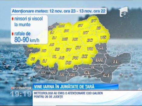 Meteorologii au emis o atenționare de cod galben pentru 26 de județe