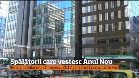 Doi muncitori îmbrăcați în costume de maimuțe au spălat geamurile hotelurilor