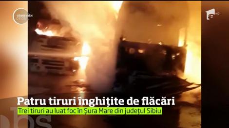 Patru TIR-uri au luat foc într-o parcare dintr-o comună din Sibiu