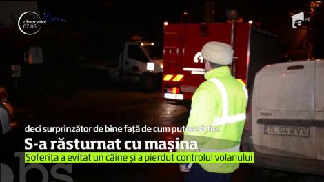 O șoferiță din Tulcea a vrut să evite un câine şi s-a răsturnat cu maşina