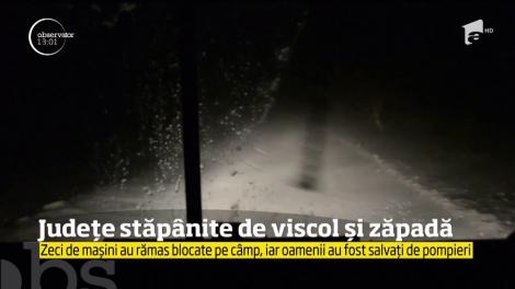 Județe stăpănite de viscol și zăpadă. Zeci de mașini au rămas blocate pe câmp, iar oamenii au fost salvați de pompieri