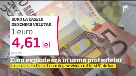Euro explodează în urma protestelor.  La casele de schimb valutar, euro s-a vândut şi cu 4 lei şi 61 de bani