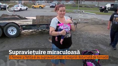 Supraviețuire miraculoasă. O femeie și fetița ei au supraviețuit într-o mașină răsturnată de tornadă