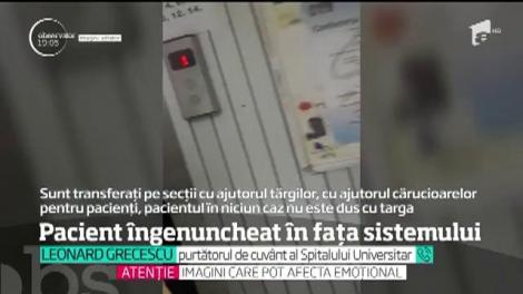 Imagini scandaloase! Un pacient cu o afecțiune a coloanei, abandonat în fața liftului din Spitalul Universitar din București. Bolnavul a fost lăsat să se târască pe jos