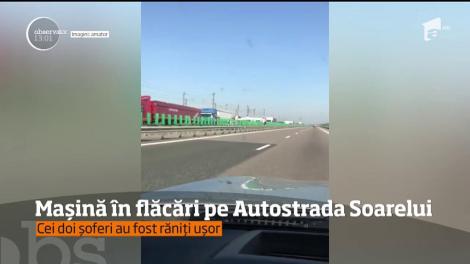 Imagini şocante pe drumul spre mare. O maşină a luat foc pe Autostrada Soarelui, în zona localităţii Feteşti