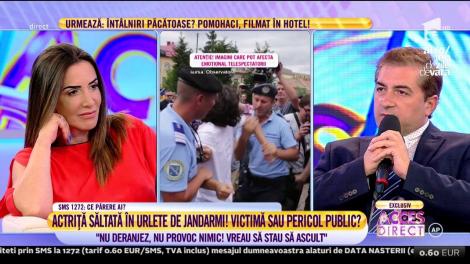 Victimă sau pericol!? Actriță săltată în urlete de jandarmi: ”Nu deranjez, nu provoc, Vreau să stau să ascult!”