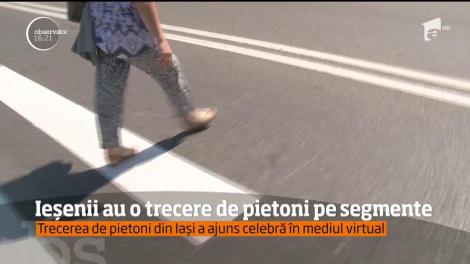 Trecere de pietoni bizară în Iași. Arată normal până la jumătatea drumului, după care o ia brusc la dreapta
