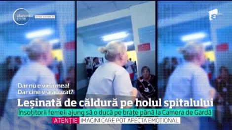 Imagini revoltătoare! O bătrână a leșinat de căldură, pe holul spitalului, după două ore de așteptare, fără să fie băgată în seamă: "Să vină cineva, moare aici!"