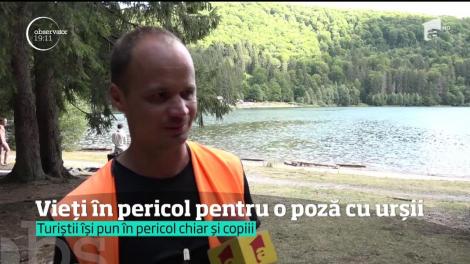 Lacul Sfânta Ana se umple de turişti care vin să vadă urşii! Şi se apropie, chiar şi cu copii, la câţiva centimetri de animalele sălbatice