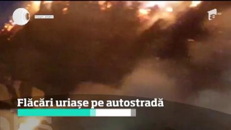 Flăcări uriașe pe autostradă! TIR-ul care a luat foc se afla pe sensul de mers către Pitești