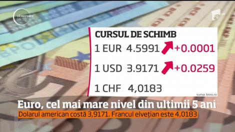 Euro a atins cel mai mare nivel din ultimii cinci ani