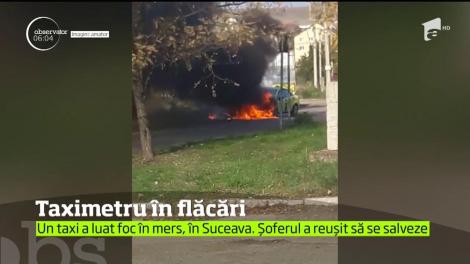 Un taximetru a luat foc din senin pe o stradă din Suceava