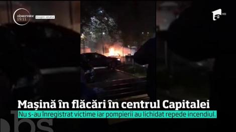Mașină în flacări în centrul Capitalei. Cauza incendiului pare să fie sistem electric