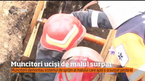 Muncitori uciși de malul surpat. Cei doi demontau sistemul de sprijin al malului care apoi s-a surpat peste ei