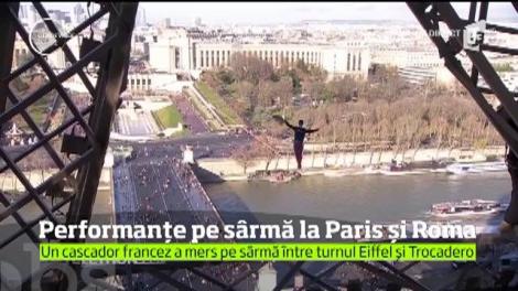 Performanţă inedită la Paris. Pentru prima dată, distanţa dintre turnul Eiffel şi palatul Trocadero a fost parcursă