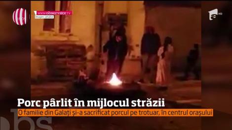 O familie din Galați a pârlit porcul în mijlocul străzii