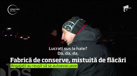 Incendiu de proporţii la o fabrică de conserve din Topoloveni! Un pompier a fost rănit