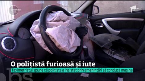 Un flagrant s-a încheiat cu doi oameni răniţi, o poliţistă şi un taximetrist. Agenta este acuzată că a încercat să muşamalizeze accidentul