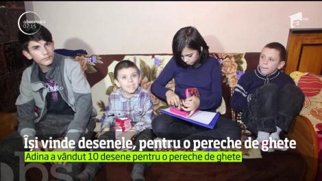 Adina, o copilă din Buzău, își vinde desenele pentru o pereche de ghete