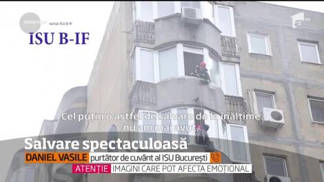 Imagini spectaculoase în Capitală. Pompierii au salvat o femeie care ameninţa că se sinucide