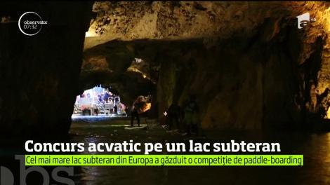Un sport relativ nou, denumit paddle-boarding, şi-a găsit un teren de competiţie inedit: un lac subteran din Alpii Elveţieni