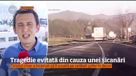 Scene care dau fiori au fost filmate pe Valea Oltului. Înfuriat că şoferul unui autoturism de teren l-a depăşit la mustaţă, un tirist a vrut să-i dea o lecţie tânărului
