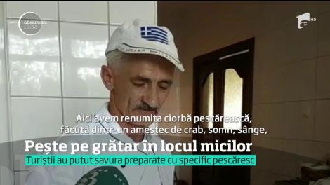 Pește pe grătar în locul micilor. O plimbare cu barca în Deltă poate dura și patru ore