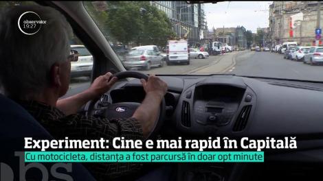Experiment: Cine e mai rapid în Capitală. Cu motocicleta, distanța a fost parcursă în doar opt minute