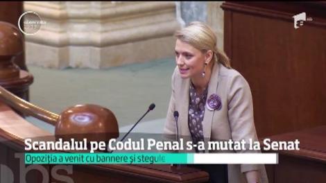 Scandalul pe Codul Penal s-a mutat la Senat. Opoziția a venit cu bannere și tegulețe și a încercat să suspende ședința