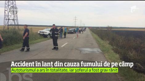 Accident în lanț din cauza fumului de pe un câmp din județul Dolj