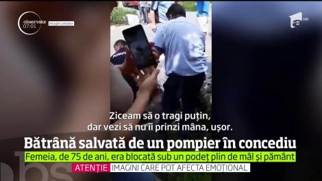 Imagini dramatice surprinse în Neamţ, unde o femeie de 75 de ani care încerca să cureţe un şanţ de scurgere a rămas blocată în canalul de beton. Salvator i-a fost un pompier aflat în concediu