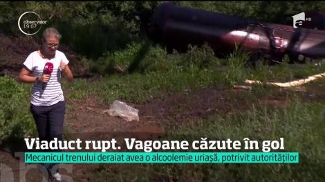 Un tren plin cu combustibil a deraiat în Dolj şi s-a prăbuşit într-o râpă, după ce mecanicul a intrat cu viteză pe o linie închisă!