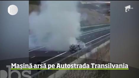 Aproape de tragedie, pe Autostrada Transilvania. O mașină în flăcări a explodat în timp ce doi pompieri încercau să stingă focul