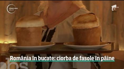 Ciorba de fasole cu afumătură, servită într-o pâine specială, e nelipsită din meniurile restaurantelor tradiţionale din Ardeal